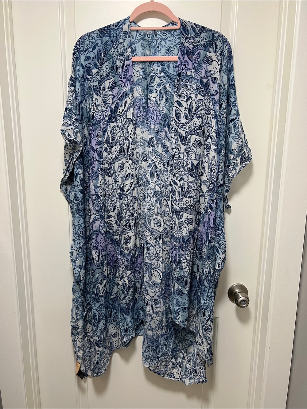 Blue Paisley Open-Front Kimono Cardigan